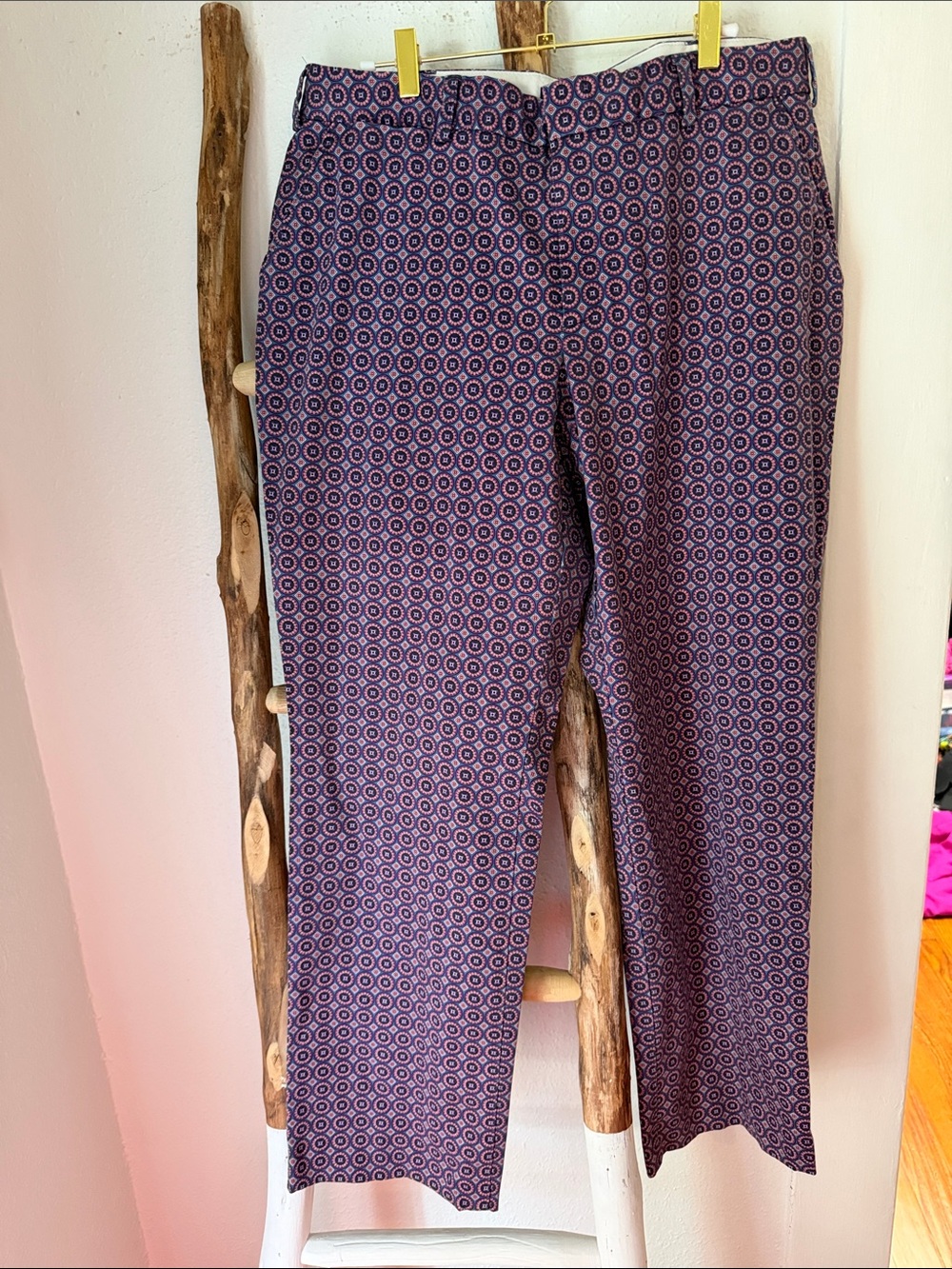 Lands' End Blue Purple Geometric Medallion Print Straight-Leg Cotton Pants 14